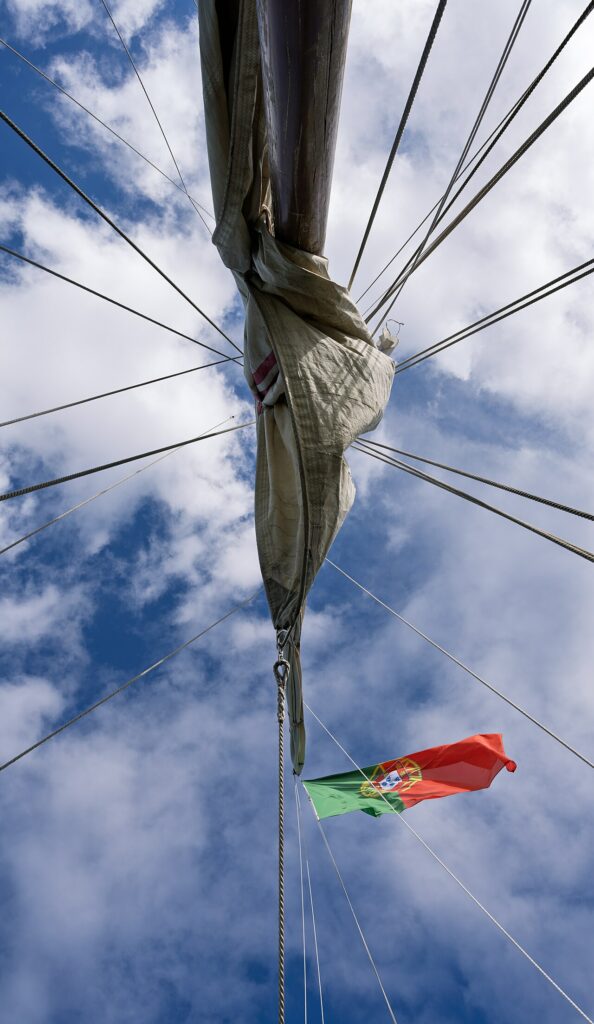 Bowsprit of the Vera Cruz with the Portuguese flag seen from below, Doca de Alcântara, Lisbon, Portugal julesvernex2